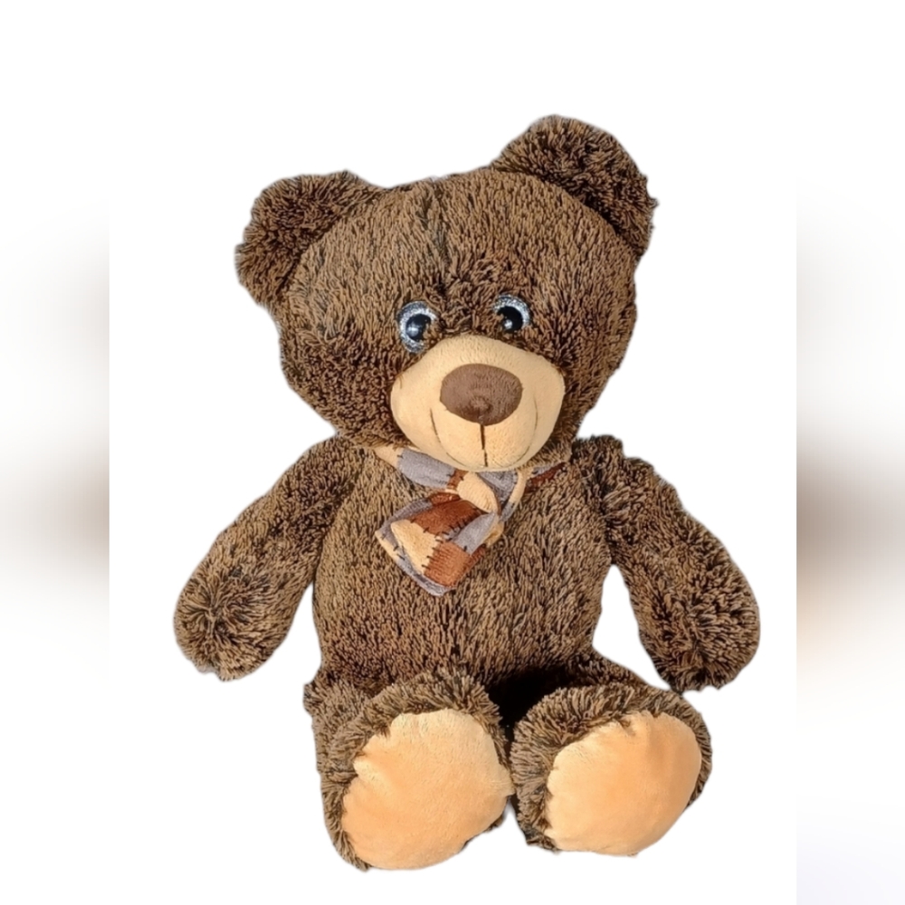 •NANCO Brown cuddly Bear fluffy fur silver shimmery eyes plaid winter scarf